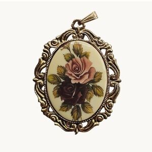 Vtg Purple Floral Rose Pendant Mirror Gold Tone Oval Victorian Style Romantic
